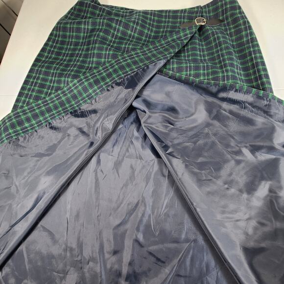 Liz Claiborne Green Blue Plaid Wool Blend Wrap Style Vintage Maxi Skirt Medium - Picture 4 of 5